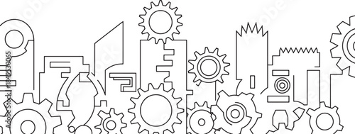 Machine gears mechanism engineering concept gear wheels outline in abstract city style