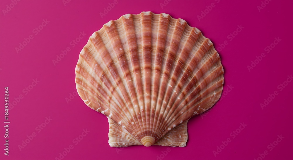 Fototapeta premium Detailed view of a scallop seashell on vibrant pink background