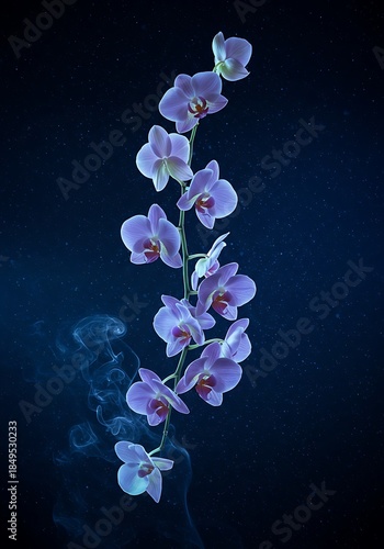 Elegant orchid branch with delicate purple flowers against a dark background