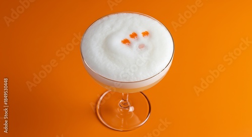 Elegant cocktail with creamy foam and orange garnish on vibrant background