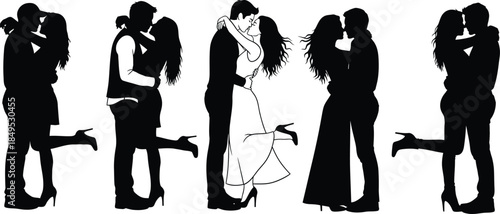 Silhouette of six couples in romantic embrace on white background