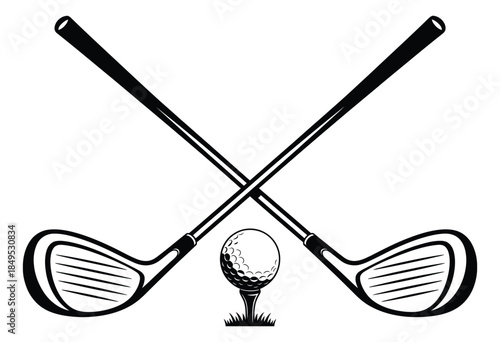 Crossed Golf Clubs and Ball Tee Silhouette Icon, professional vector graphic showing intersecting golf