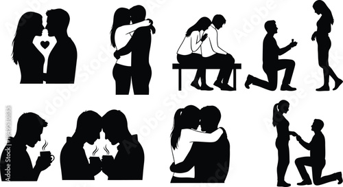 Various romantic couple silhouettes in different poses and activities