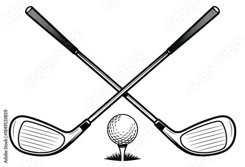 Crossed Golf Clubs and Ball Tee Silhouette Icon, a vector illustration
