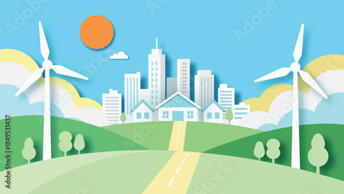 Paper cut cityscape with wind turbines, sun, and a winding road