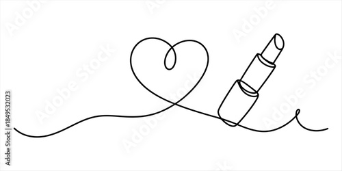 Minimalist continuous line drawing showing the connection between a heart and a tube of lipstick Vector, illustration