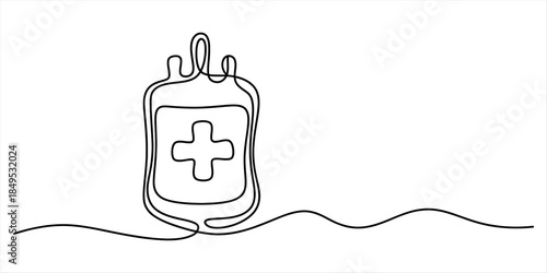 Continuous line drawing of a blood donation bag with a cross symbol Vector, illustration