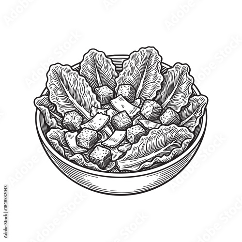 Fresh Caesar Salad Bowl with Croutons Engraving