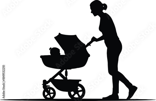 Silhouette of Mother Walking with Baby Stroller Vector Illustration of Parenting and Motherhood.