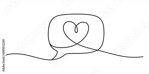 A continuous line art drawing of a speech bubble containing a heart symbol Vector, illustration