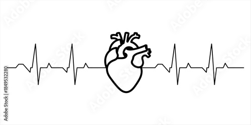 A black and white line art illustration of a heart and an ekg heartbeat line Vector, illustration