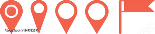 Red location icon set, map pin vector collection, navigation symbols, destination markers, GPS flag graphics for travel, app, and UI design