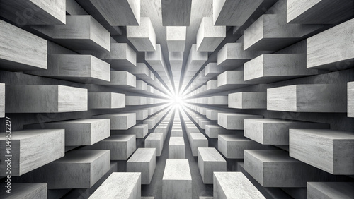 A grayscale abstract image featuring a central focus with radiating, extruded block-like structures. The composition appears to be a zoom effect from a central point, with the blocks growing larger an