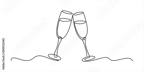 Continuous line drawing of two champagne flutes clinking in a celebratory toast Vector, illustration