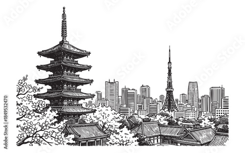 Tokyo Cityscape with Pagoda Temple and Tower