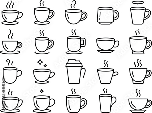 Black and white line of various coffee cups with saucers and steam rising tea cups mugs