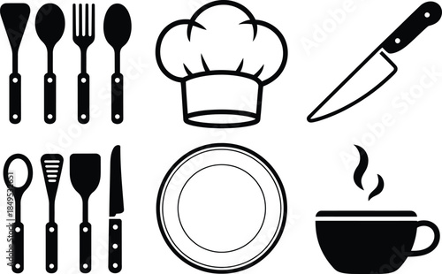 Black and white kitchen utensils and dishware cooking chef hat