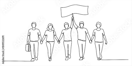 Group of five people walking together in continuous line art holding hands and banner Vector, illustration