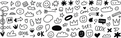 Black doodle and text on white background doodles smiley faces