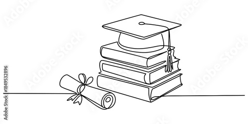 Continuous one-line art drawing of graduation cap on a stack of books and diploma Vector, illustration