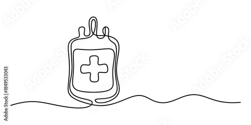 A minimalist single continuous line drawing illustrating a blood donation bag with a cross symbol Vector, illustration