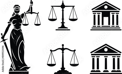 Blind justice statue with scales and courthouse buildings