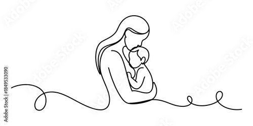 A minimalist continuous line art illustration of a mother embracing her baby with love Vector, illustration