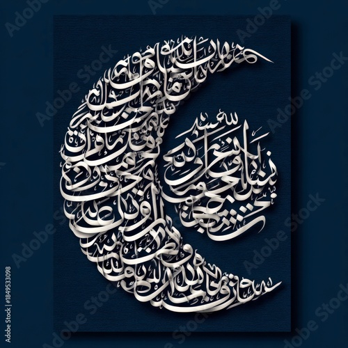 Calligraphy art displays Arabic letters shaped like a crescent moon against a dark background