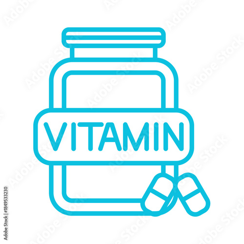 Blue outline icon of a vitamin bottle with pills, representing health and dietary supplements.