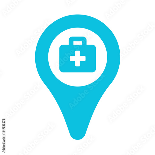 A blue location pin icon with a white medical kit and cross symbol inside, indicating a health or emergency service point.