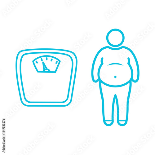 Outline illustration of a bathroom scale next to an overweight person icon, representing weight management and health concerns.