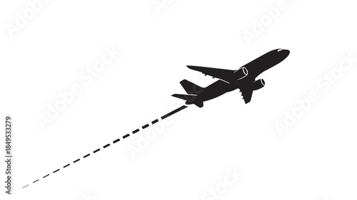 Airplane Silhouette in Flight Path with Dotted Trail in Black and White for Aviation