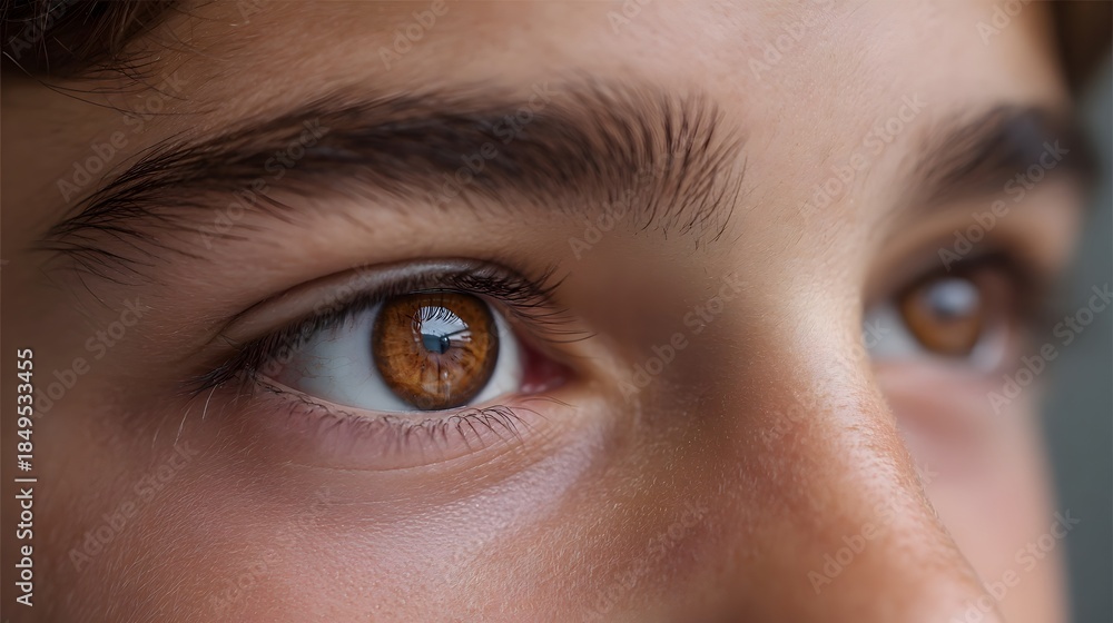 Naklejka premium Close up portrait of a young person s eye showcasing a warm brown iris with intricate details and a soft reflection