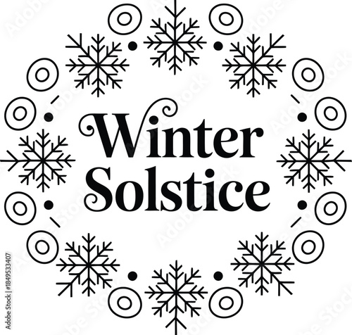 Winter solstice text with snowflakes and circles on white background black text