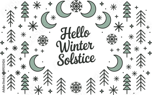 Winter solstice greeting card with moons snowflakes trees and stars