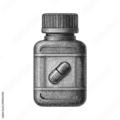 Pencil sketch illustration of a medicine bottle with a capsule icon on the label, depicting pharmaceutical products.