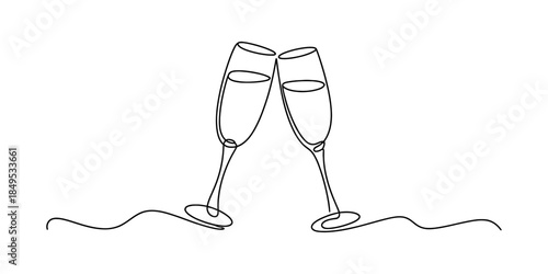 Minimalist continuous line art drawing of two champagne flutes making a toast to celebrate Vector, illustration