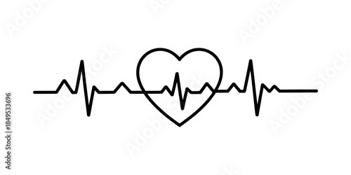 A black and white heartbeat line with a heart symbol in the center on a white background Vector, illustration