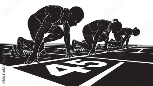 Athletes at Starting Line in Dynamic Pose with High Contrast Black and White Illustration for Sports Event