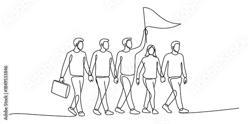 Continuous line drawing of a business team walking together towards a common goal Vector, illustration
