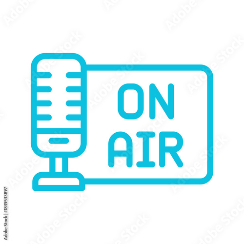 Blue outline icon of a microphone next to an 'ON AIR' sign, symbolizing live broadcasting and podcasting.