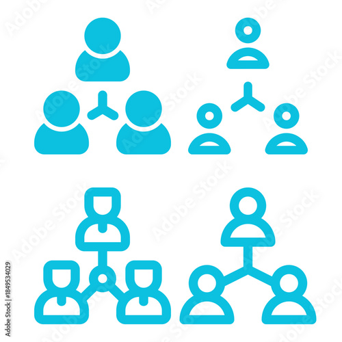 Blue icons illustrating various hierarchical organizational structures and people networks.