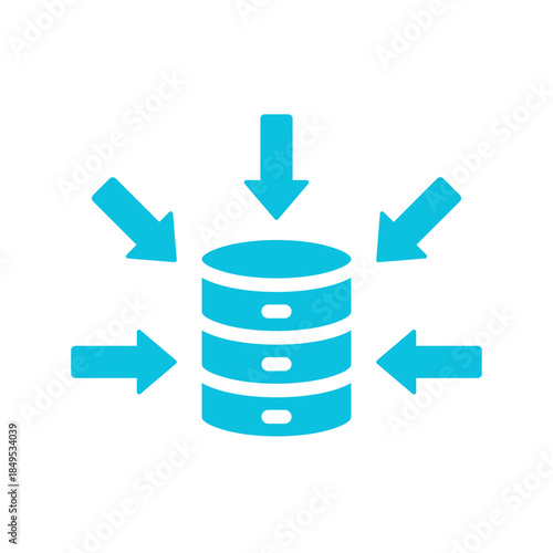 Iconic representation of data input, collection, and centralization into a database system.