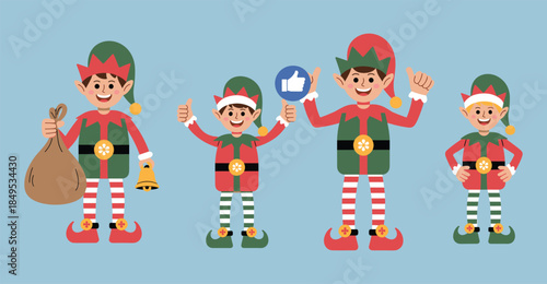 Four Christmas Elves with Gifts Bell Thumbs Up and Social Media Icon santa's helpers holiday