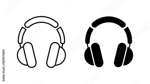 Modern headphone icon set showcasing both outline and filled styles for digital design projects