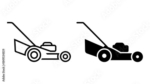 Lawnmower vector icon illustration set depicting garden and landscaping equipment