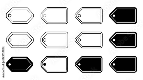 Set of various black and white price tags, product labels, and badges for retail