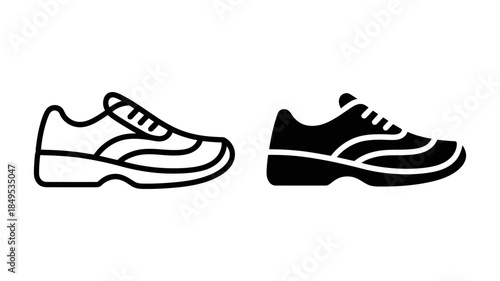 Outline and solid black icon of a sneaker, representing athletic footwear or running shoe
