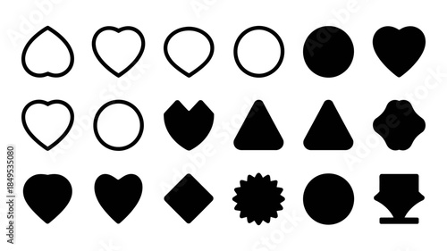 Diverse collection of black and white outline and solid geometric and abstract shapes