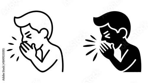 Illustration of a person sneezing or coughing, covering their mouth, in line and glyph style